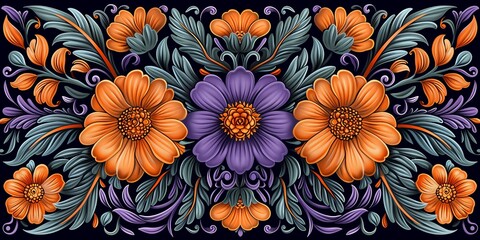 A captivating pattern of large orange flowers, surrounded by smaller purple blooms and lush green leaves.