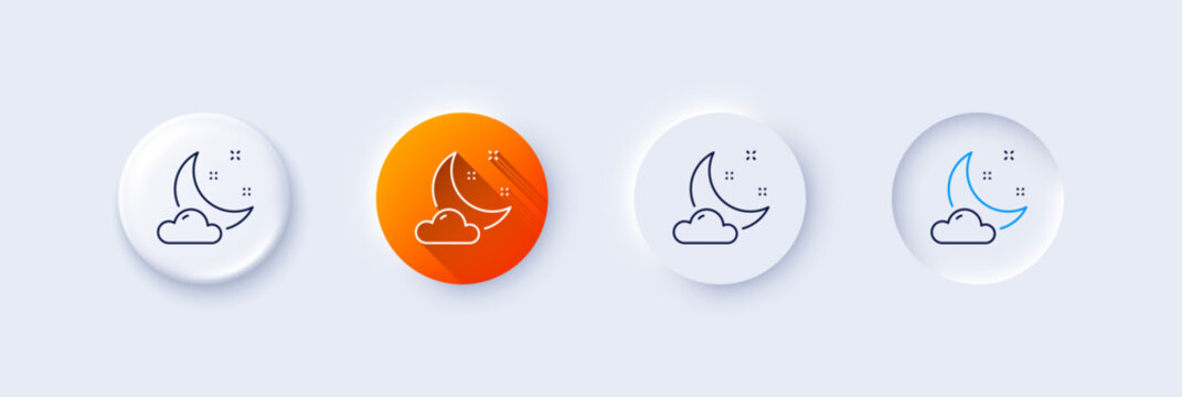 Night weather line icon. Neumorphic, Orange gradient, 3d pin buttons. Moon with cloud sign. Sleep symbol. Line icons. Neumorphic buttons with outline signs. Vector