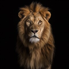 Close-up of a lion's face with an intense gaze against a black background.