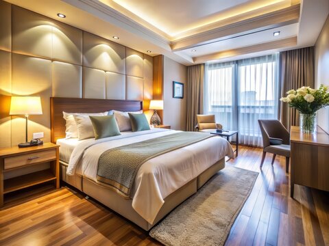 Cozy hotel room with neatly made bed, fresh towels, and modern amenities, inviting a relaxing stay in a calming and serene atmosphere.