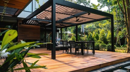 Luxurious morning outdoor garden teak wood deck and black pergola in elegant design