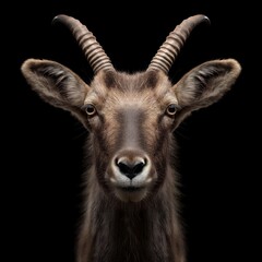 Close-up portrait of a Markhor against a black background, highlighting its elegant features and impressive spiral horns.