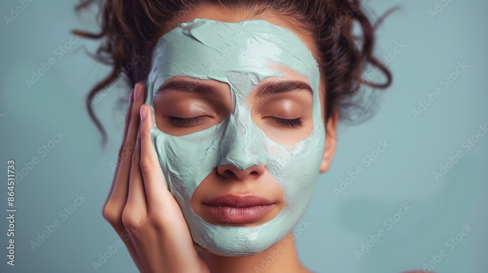 Wall mural Young woman applying face cream or facial mask at her face. Beauty model with perfect fresh skin. Spa and Wellness