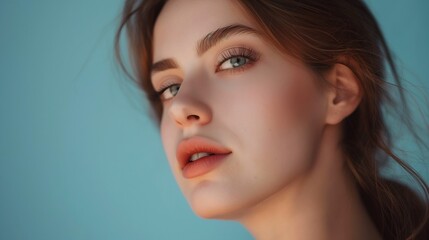 Fototapeta premium Blogging young beautiful model woman shoots a video for her blog about cosmetics and facial skin care. Beautiful young woman records video tutorial
