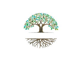 Charming and vibrant  tree and root logo in circle shape. badge tree logo designs