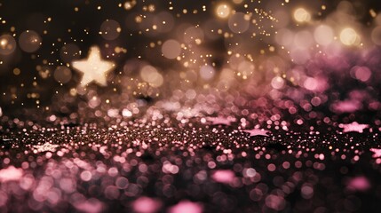shiny golden and pink lights. Golden glittering stars swirl on black bokeh background with sparkling golden shiny lights