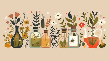 Fototapeta premium Herbal and floral plants in bowls for grinding. Organic natural folk medicine from flower, leaf