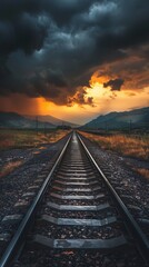 Obraz premium Railway tracks at sunset with dramatic sky, transportation concept