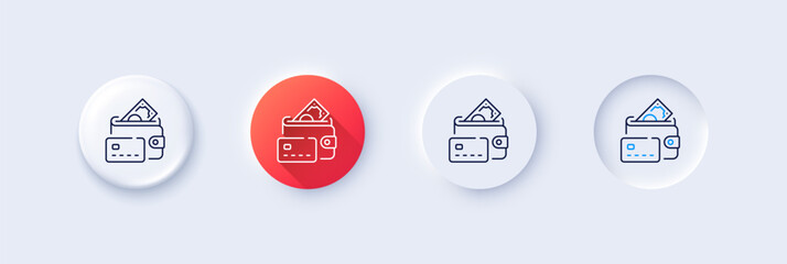 Money line icon. Neumorphic, Red gradient, 3d pin buttons. Credit card sign. Cash payment symbol. Line icons. Neumorphic buttons with outline signs. Vector