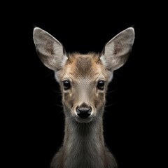 Frontal face portrait of an elegant tufted deer against a black background.