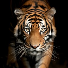 Fototapeta premium Close-up portrait of a fierce tiger with piercing eyes and prominent whiskers on a black background.