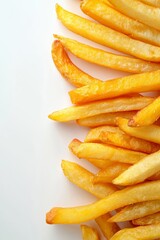 Flat lay of french fries on white vertical background with copy space, top view for food presentation, fast food concept