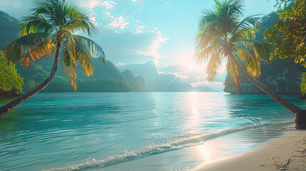 A beach with palm trees and a small island in the middle. The water is calm and the sky is clear