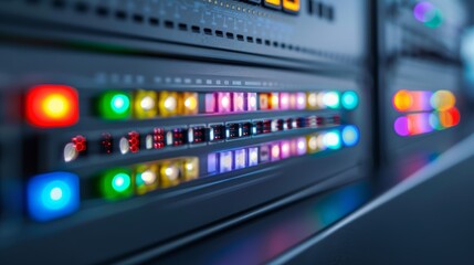 Sleek control panel in a cutting-edge data center, a row of multicolored LED lights creating a visually striking display, emphasizing advanced technological infrastructure