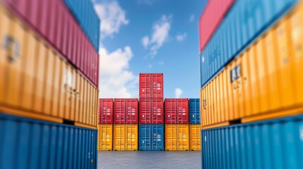 Fototapeta premium Stacks of vibrant containers at a bustling port, captured with a wide angle lens in daylight, representing the complexities and efficiency of global trade and logistics