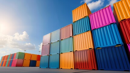Fototapeta premium Stacks of vibrant containers at a bustling port, captured with a wide angle lens in daylight, representing the complexities and efficiency of global trade and logistics