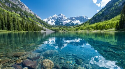 Tranquil alpine lake mirroring a towering snow-capped mountain and evergreen pine forest, clear blue sky and pristine water, perfect for landscape and nature stock photography