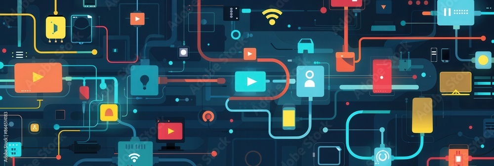 Fototapete an abstract illustration depicting a smart home network, showcasing interconnected routers, modems, 