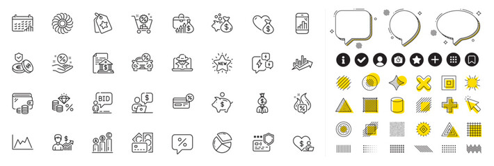 Set of Fan engine, New star and Loan percent line icons for web app. Design elements, Social media icons. Loan, Graph chart, Business growth icons. Loyalty tags, Wallet, Shopping cart signs. Vector