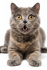 Obraz premium Close up of astonished British shorthair cat with hyperrealistic detail on white vertical background