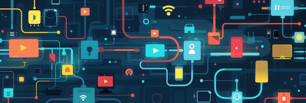 An abstract illustration depicting a smart home network, showcasing interconnected routers, modems, and other devices with data flow lines. Generative AI