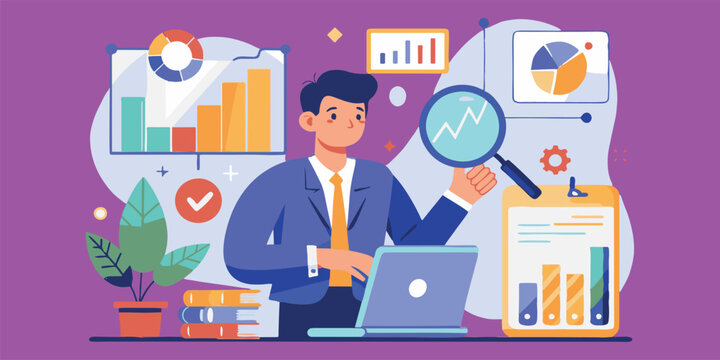 Statistics. Data analysis, focusing on business insights, graph and chart analytics, and statistical concepts. Utilizes digital tools for performance monitoring and analysis, using a magnifier 