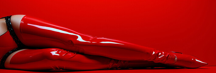 futuristic woman dressed in dark latex sitting in a surreal room