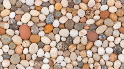 A close-up shot of a collection of smooth, rounded river rocks in various shades of brown, white, and beige SEAMLESS PATTERN