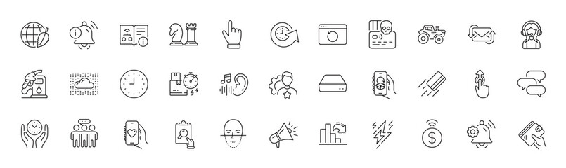 Fototapeta premium Face recognition, Cloud system and Recovery internet line icons. Pack of Petrol station, Brand, Credit card icon. Swipe up, Wallet, Decreasing graph pictogram. Environment day. Line icons. Vector