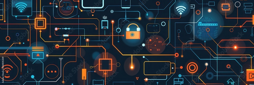 Poster An abstract illustration depicting various network devices, including routers, modems, and smart home gadgets, interconnected by lines symbolizing data flow. Generative AI