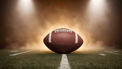 American football ball in front of warm-toned spotlights on the field and foggy background, copy space for text