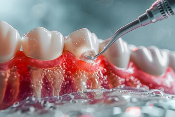 Close-up of dental cleaning with an ultrasonic scaler, focusing on plaque removal and oral hygiene