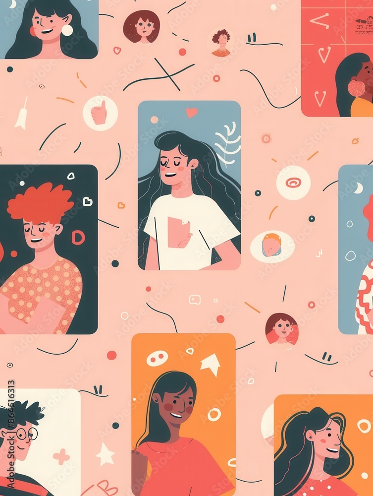 Poster an illustration featuring various influencer profiles connected by lines, showcasing a trendy and mo
