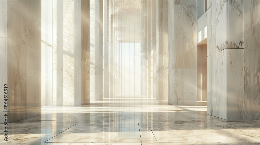 Poster a modern interior with classical design elements, featuring marble columns and a spacious, elegant h