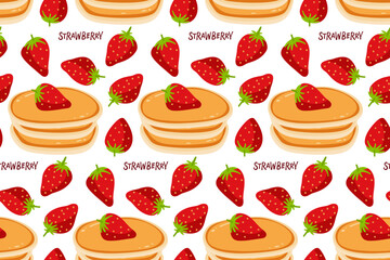 Pancakes with strawberries seamless pattern. Delicious breakfast Vector illustration. Happy pancake day. Flat dessert foof design style for menu, wallpaper, textile, wrapping paper, scrapbooking