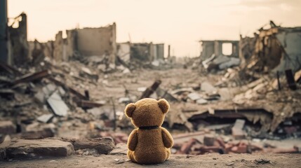 Alonly teddy bear on the street sitting on ground in front of the destruction. An environment of the end result of every war, genocide, and human crisis. Generative AI