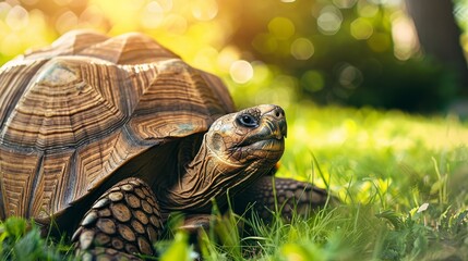 Obraz premium Tortoise on grassy field with sun flare, close-up. Wildlife and nature concept