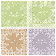 Vintage frames set in pastel colors on mono line seamless background. Design for greeting cards, wedding invitations, retro parties. Vector borders, labels, tags, stickers, badges and heart emblem