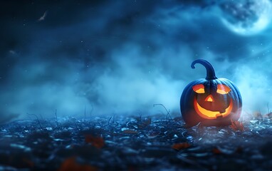 Halloween pumpkin in autumn leaf on misty background. Halloween night scene with full moon and misty atmosphere. Spooky holiday concept. Design for greeting card, invitation, banner with copy space