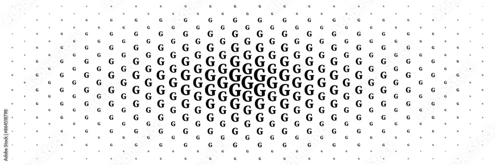 Poster horizontal halftone of black capital letter g spreading from center for pattern and background.