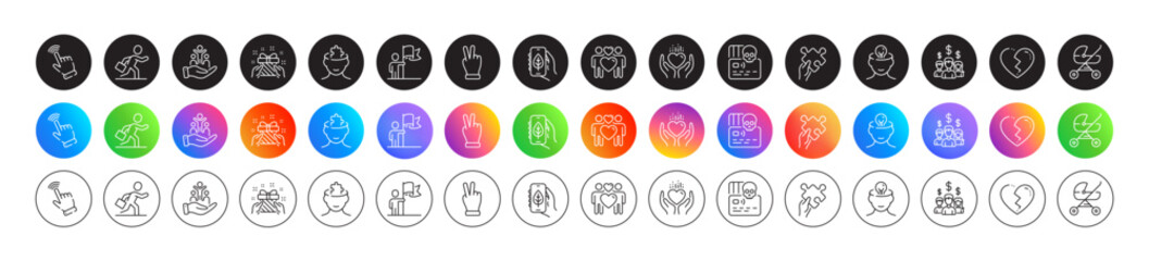 Baby carriage, Gift and Love couple line icons. Round icon gradient buttons. Pack of Mental health, Victory hand, Inclusion icon. Cyber attack, Leadership, Mental conundrum pictogram. Vector