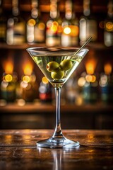 Classic martini with olives on the bar counter in a sophisticated setting