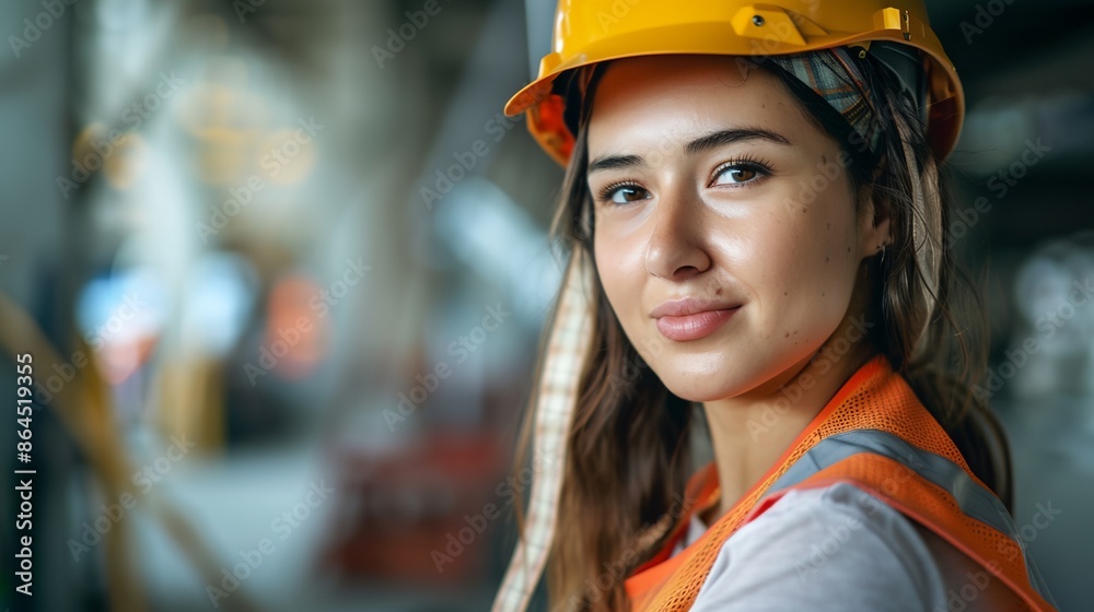 Wall mural a woman wearing a hard hat and safety vest in a factory setting with a blurred background of a build