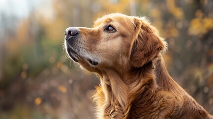 a dog looking up at something in the air with a blurry background of trees and bushes