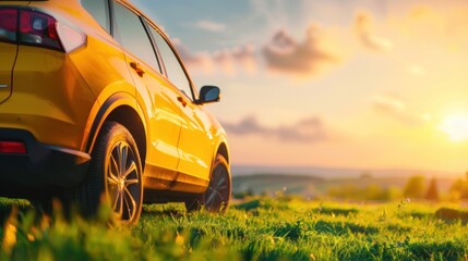 Landscape with a yellow off-road car on a gravel road. Traveling by auto, adventure, expedition, or extreme travel on an SUV automobile. in the field at sunrise. close-up of back backside view.