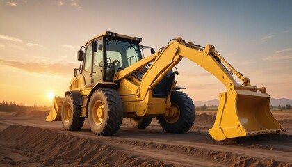 A sturdy yellow backhoe loader, isolated white background