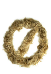 Creative typography made with real dog hair. Blonde hair on white background Dogs, cats, pets, monsters and other furry animals. Complete alphabet. Slashed O or prohibition sign