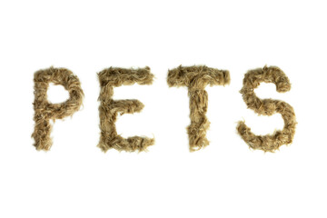 Creative typography made with real dog hair. Blonde hair on white background Dogs, cats, pets, monsters and other furry animals. Complete alphabet. word PETS
