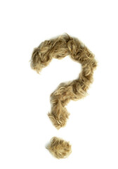 Creative typography made with real dog hair. Blonde hair on white background Dogs, cats, pets, monsters and other furry animals. Complete alphabet. exclamation mark