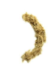 Creative typography made with real dog hair. Blonde hair on white background Dogs, cats, pets, monsters and other furry animals. Complete alphabet. open parenthesis
